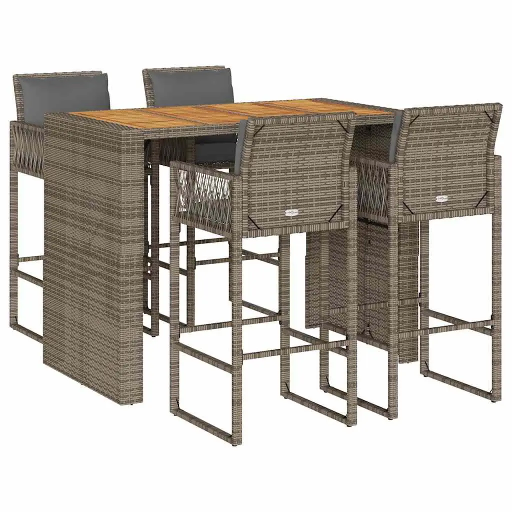 5 Piece Patio Bar Set Cushions Gray Poly Rattan Acacia Outdoor Furniture