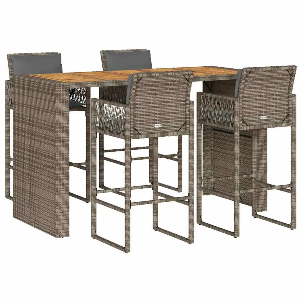5 Piece Patio Bar Set Cushions Gray Poly Rattan Acacia Outdoor Furniture