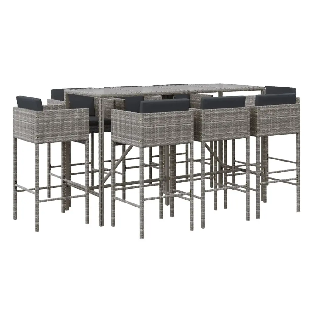 9 Piece Patio Bar Set Cushions Gray Poly Rattan Outdoor Bar Furniture