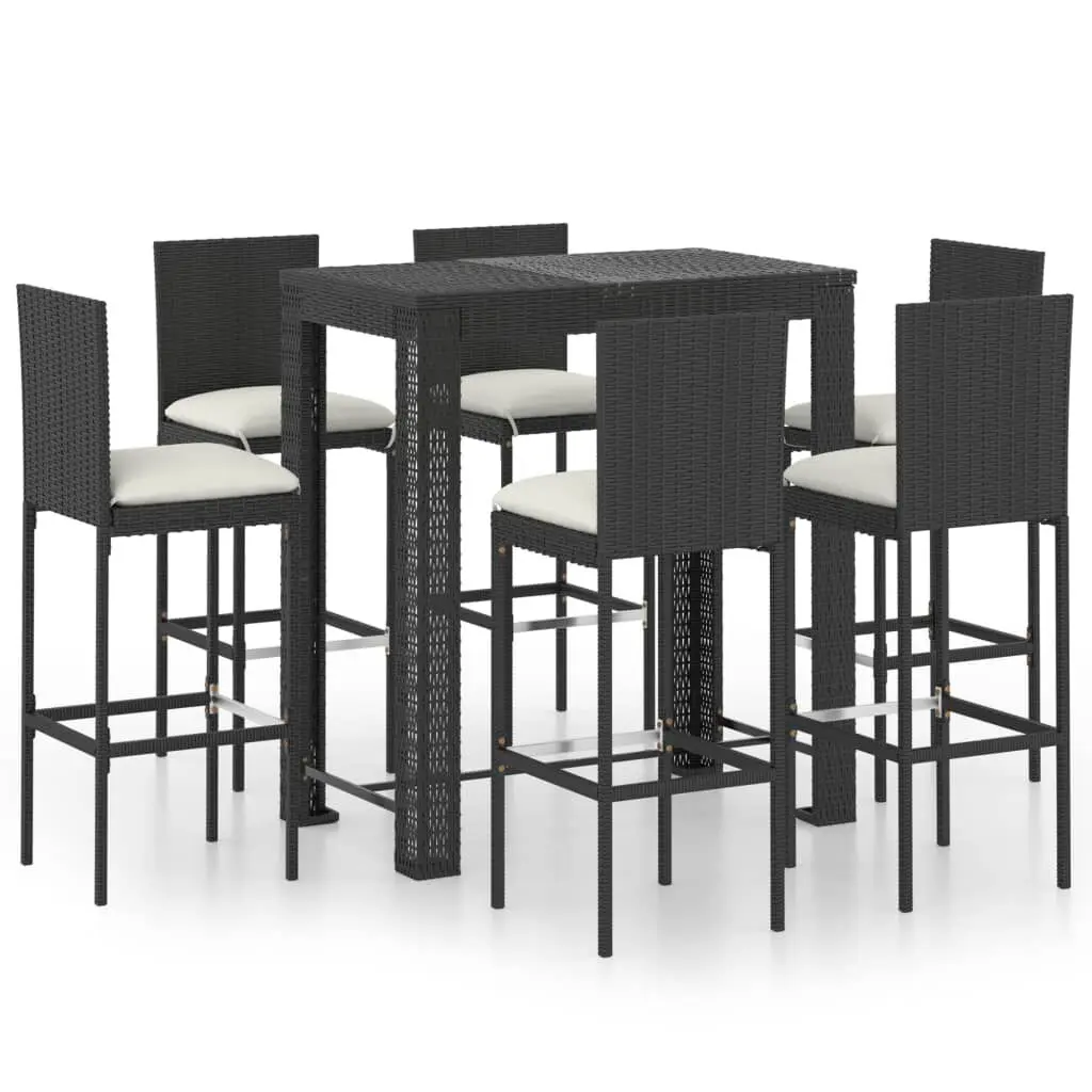 7 Piece Patio Bar Set Cushions Poly Rattan Black Outdoor Furniture