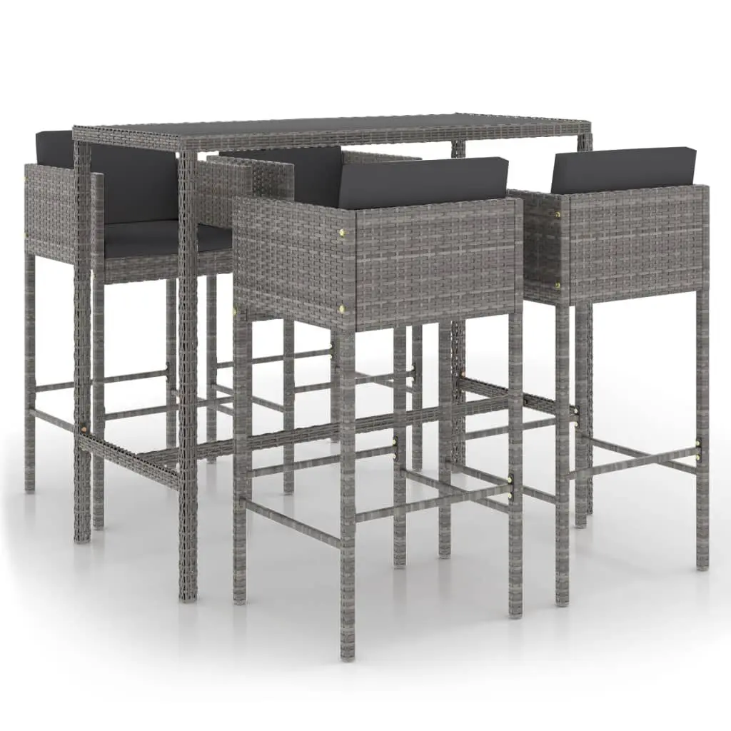 5 Piece Patio Bar Set Cushions Poly Rattan Gray Outdoor Furniture