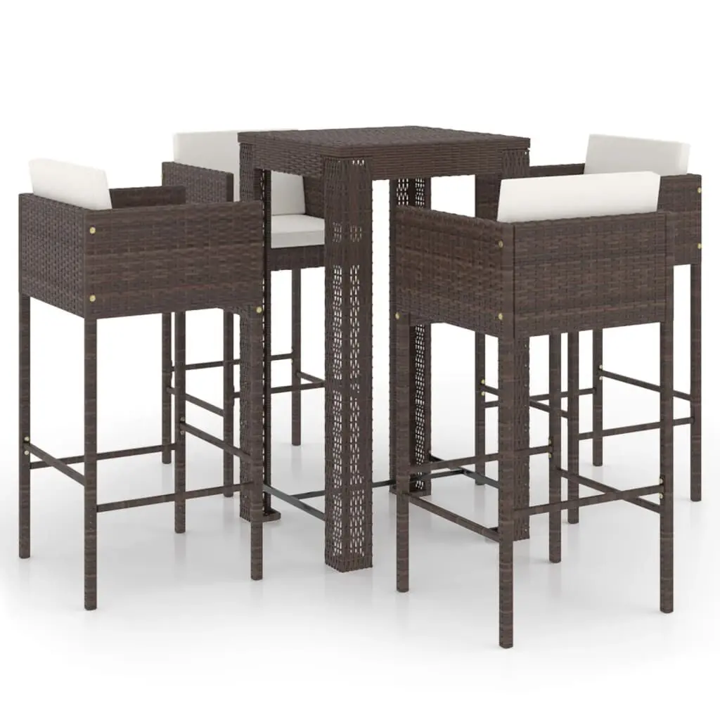 5 Piece Patio Bar Set Cushions Poly Rattan Brown Outdoor Dining