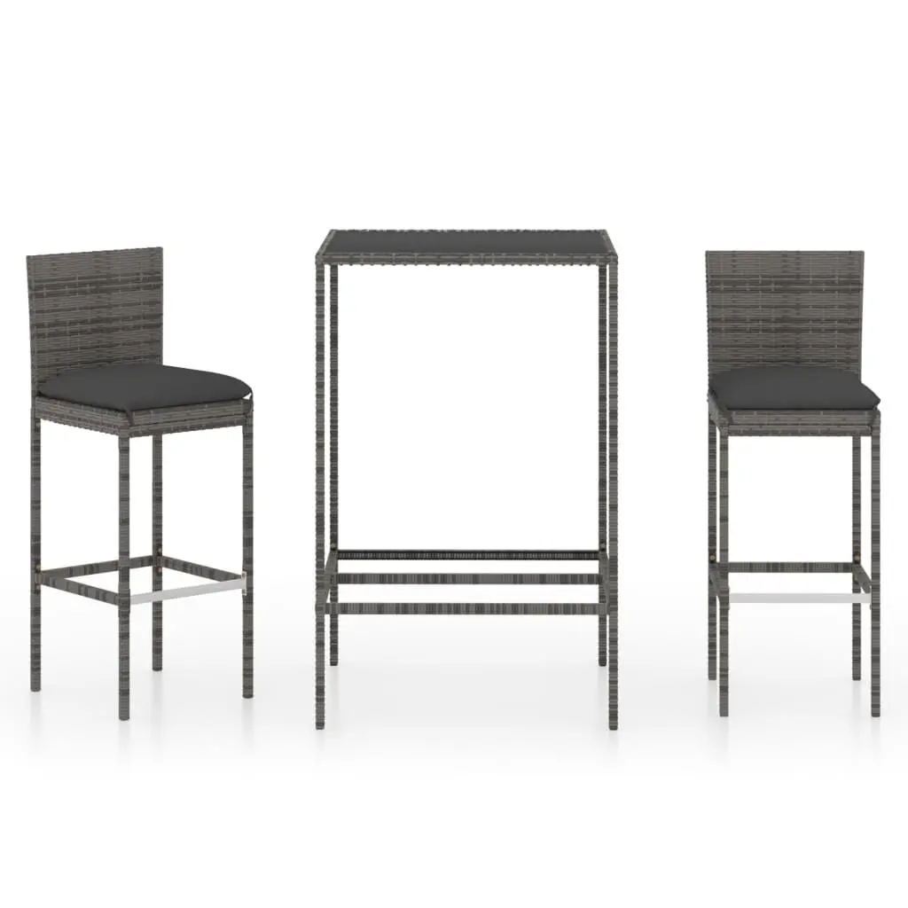 3 Piece Patio Bar Set Cushions Poly Rattan Gray Outdoor Bistro Furniture