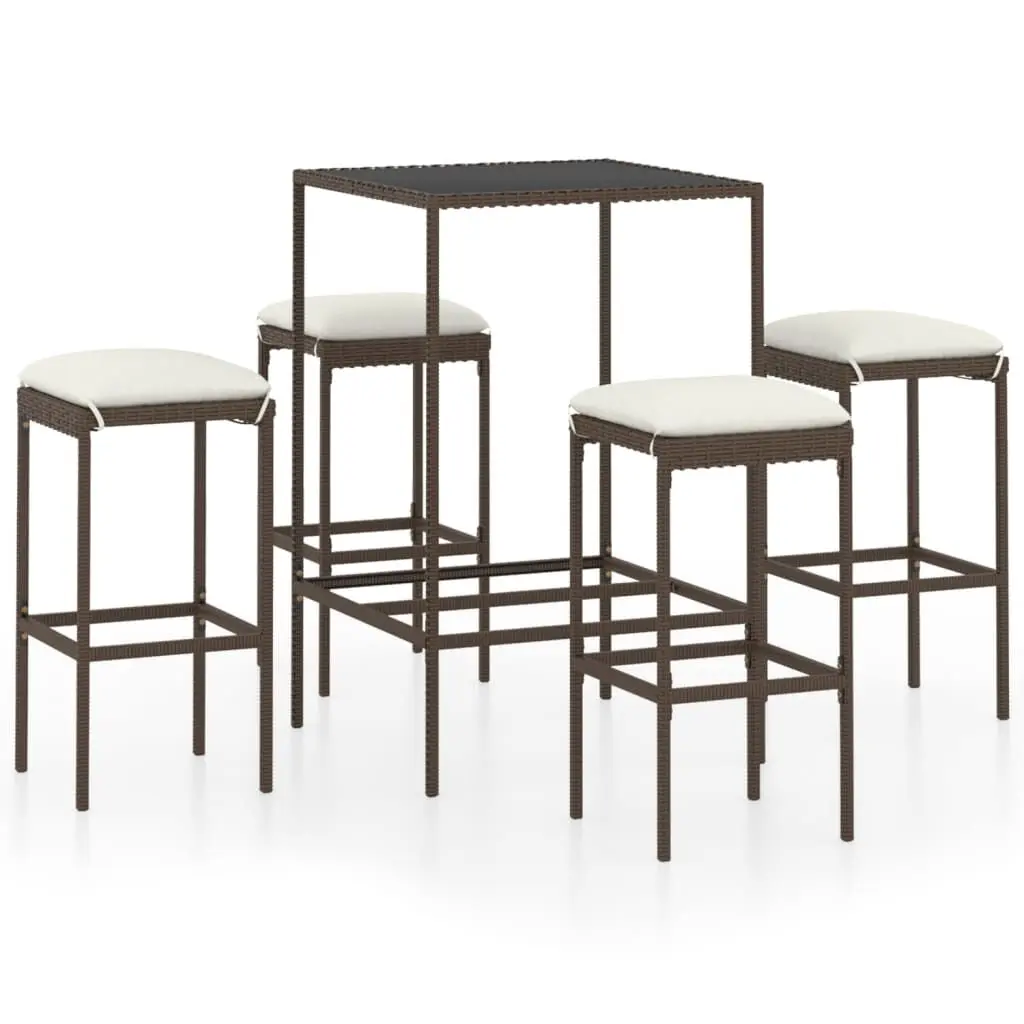 5 Piece Patio Bar Set Cushions Poly Rattan Brown Outdoor Stools