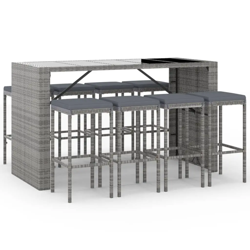 9 Piece Patio Bar Set Gray Cushions Poly Rattan Outdoor Furniture