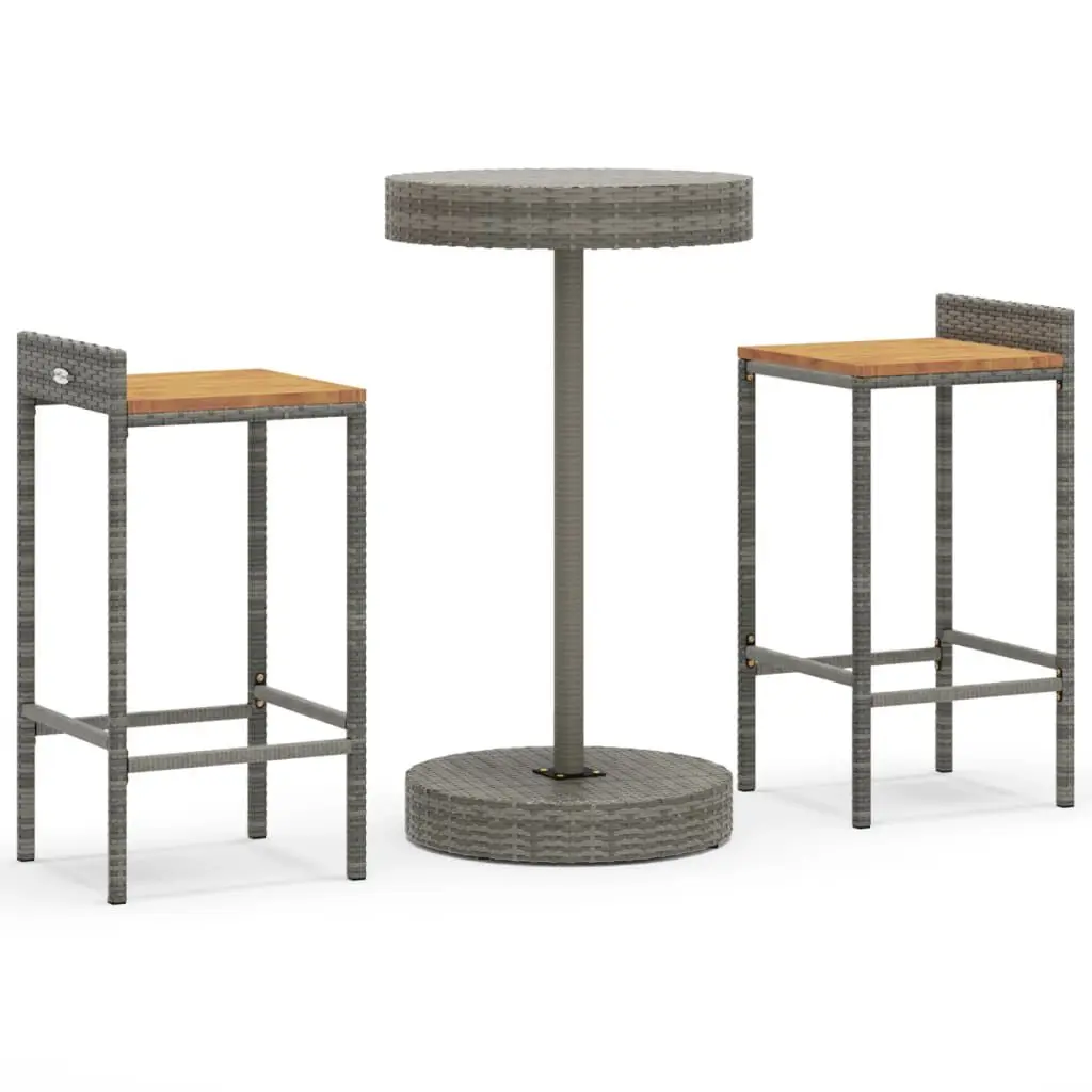 3 Piece Patio Bar Set Gray Poly Rattan and Solid Acacia Wood Outdoor Furniture