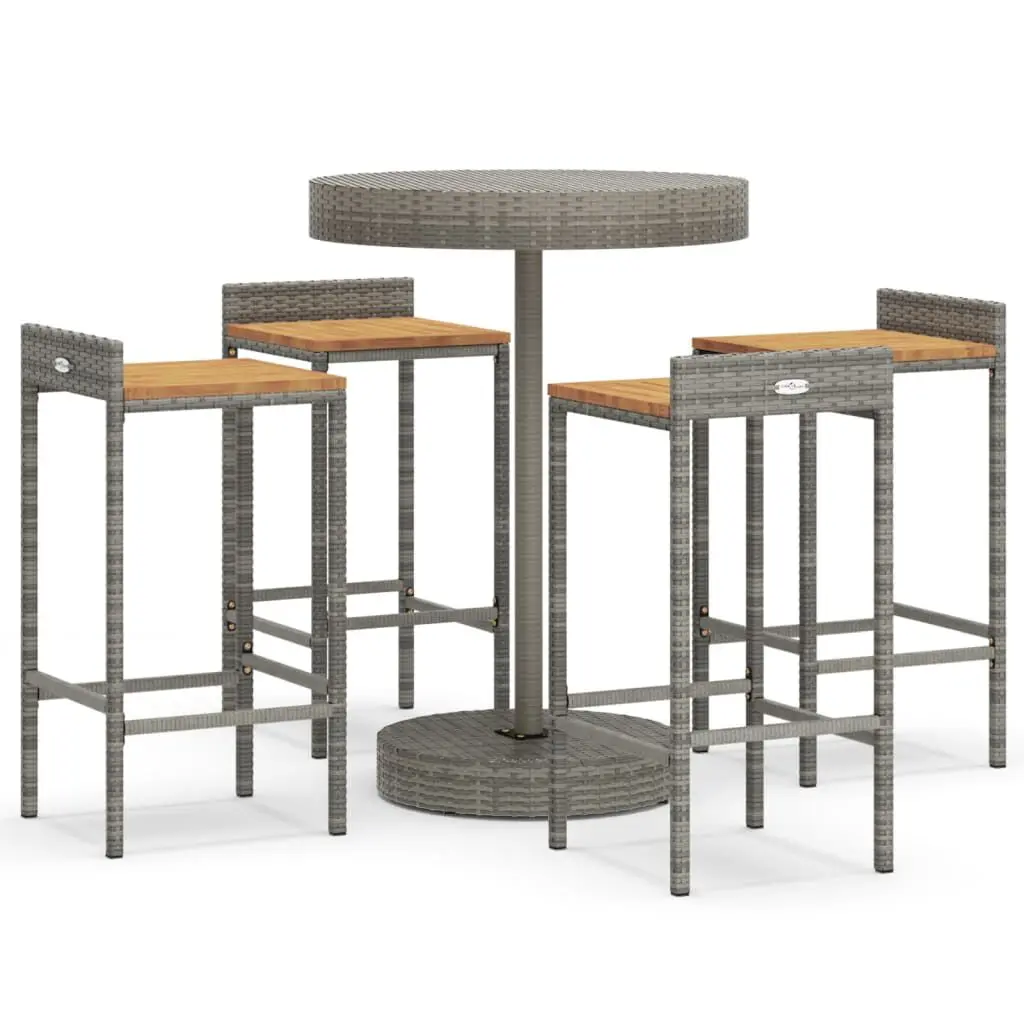 5 Piece Patio Bar Set Gray Poly Rattan and Solid Acacia Wood Outdoor Furniture