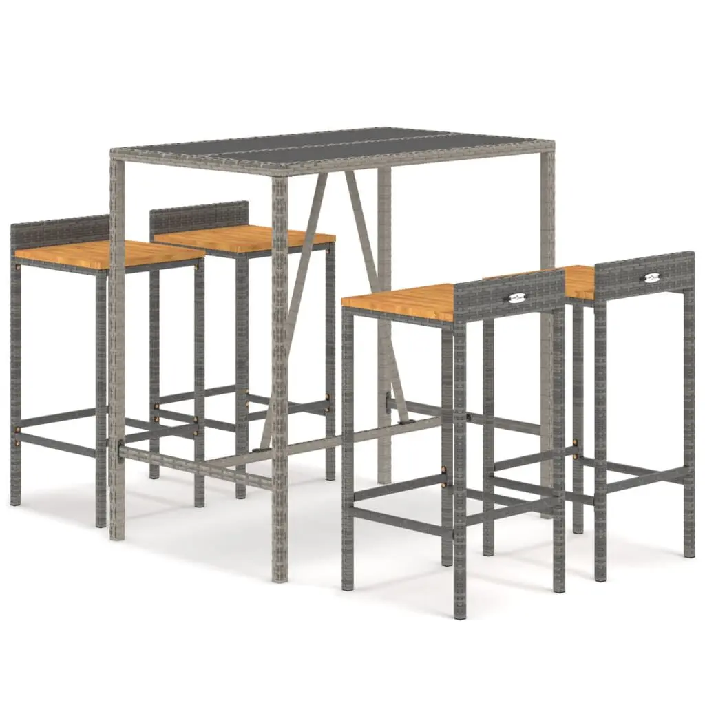 5 Piece Patio Bar Set Gray Poly Rattan and Solid Wood Acacia Outdoor Furniture