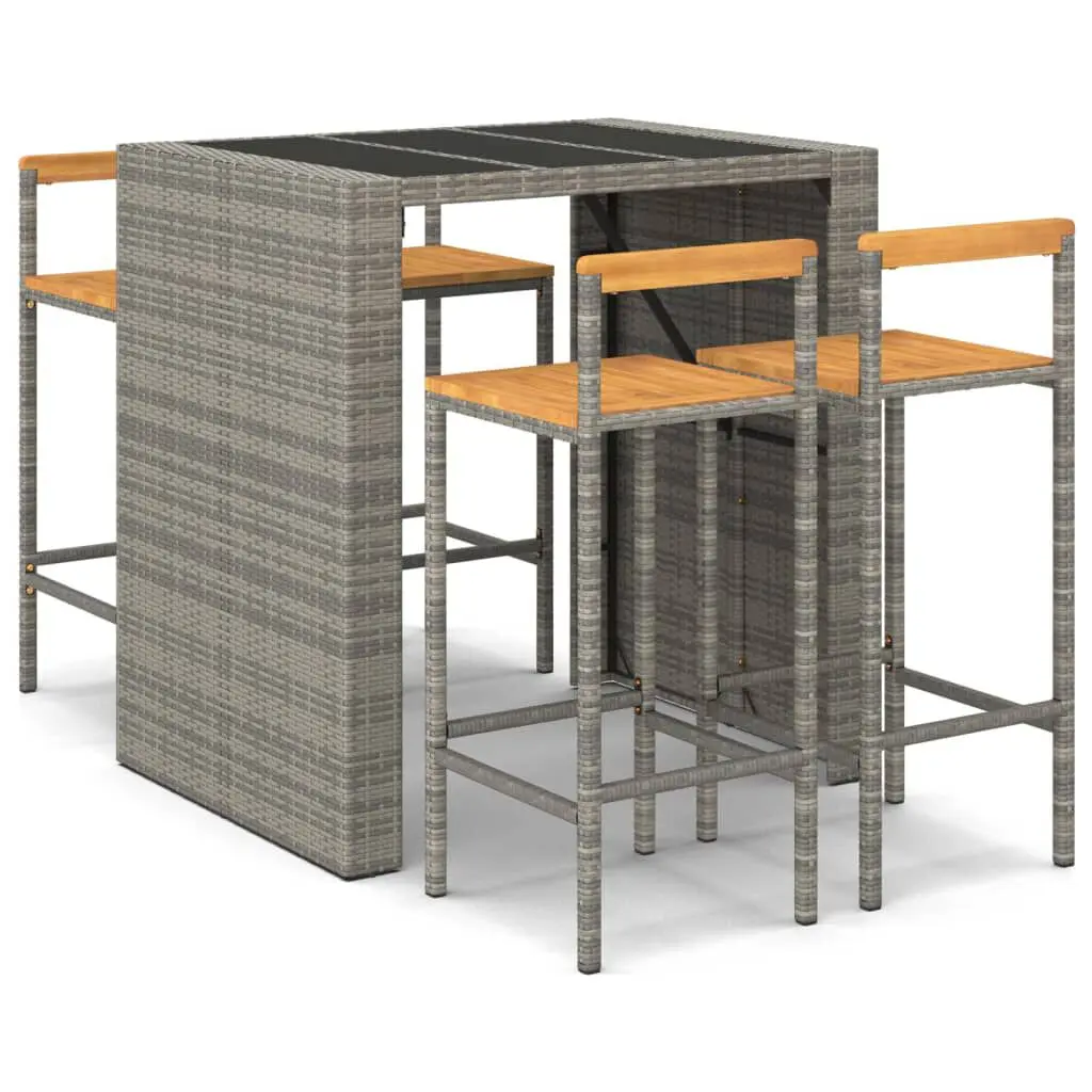 5 Piece Patio Bar Set Gray Poly Rattan and Solid Wood Acacia Outdoor Furniture