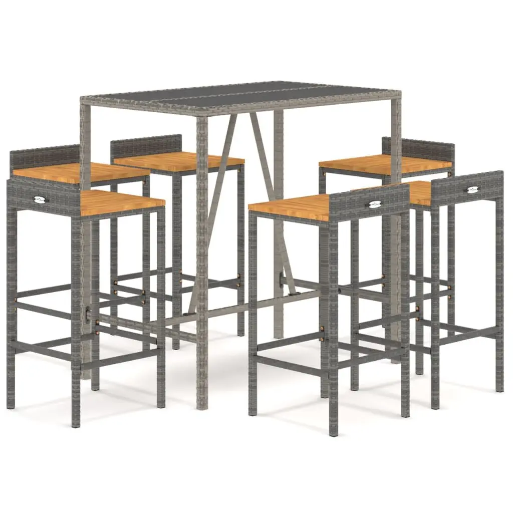 7 Piece Patio Bar Set Gray Poly Rattan and Solid Wood Acacia Outdoor Furniture