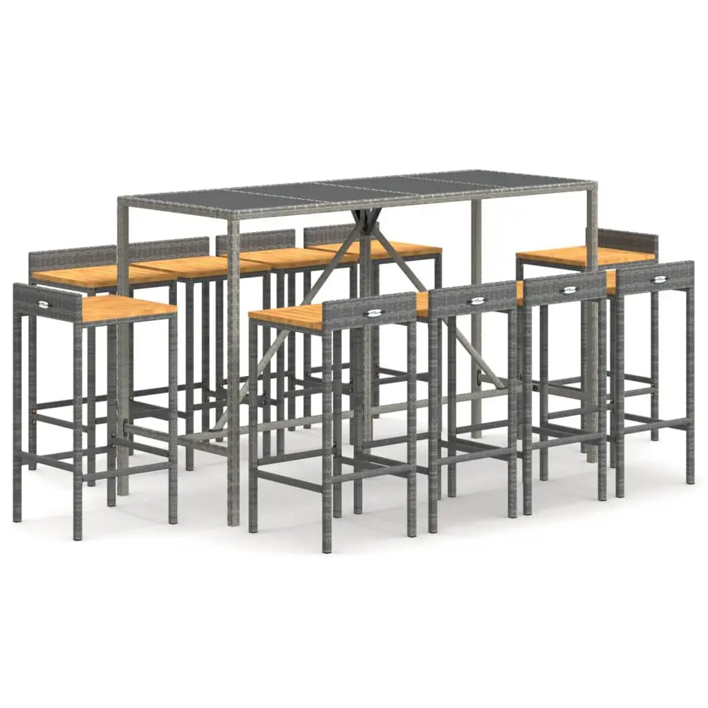 11 Piece Patio Bar Set Gray Poly Rattan and Solid Wood Acacia Large Outdoor Furniture