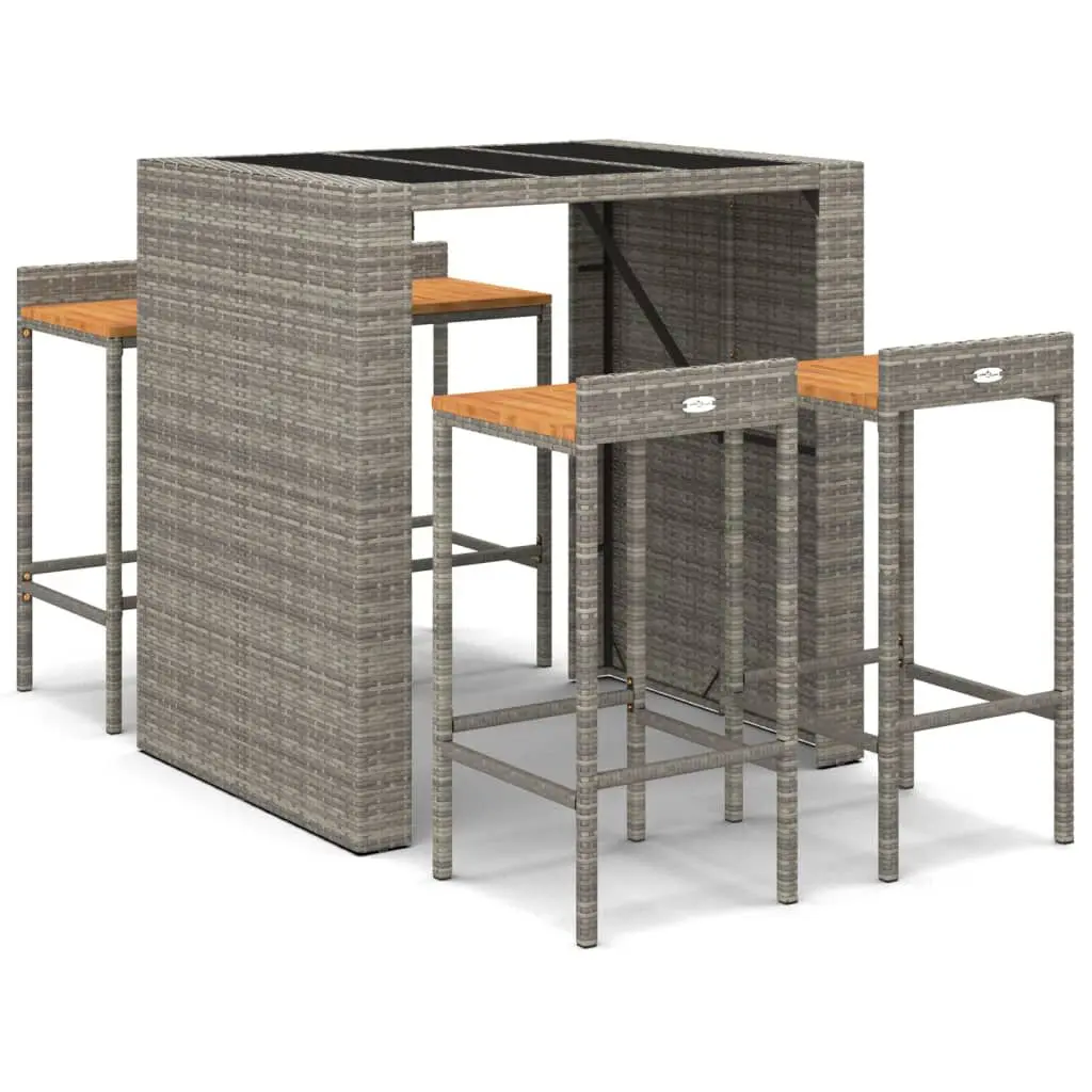 5 Piece Patio Bar Set Gray Poly Rattan & Solid Wood Acacia Outdoor Furniture