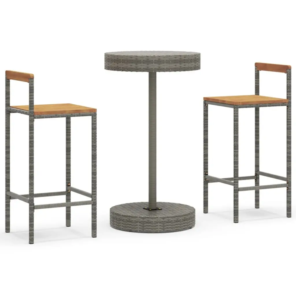 3 Piece Patio Bar Set Gray Poly Rattan and Solid Wood Acacia Outdoor Bar Furniture