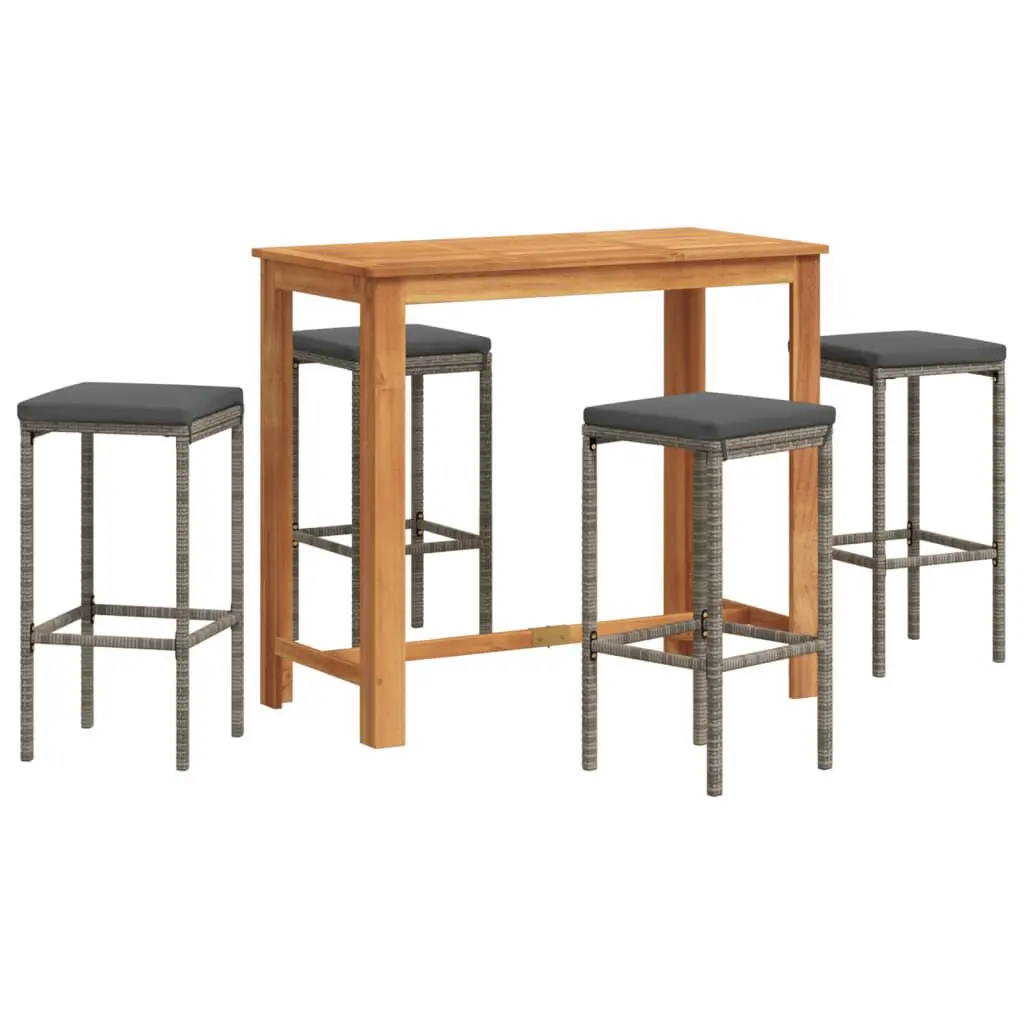 5 Piece Patio Bar Set Gray Solid Wood Acacia and Poly Rattan Outdoor
