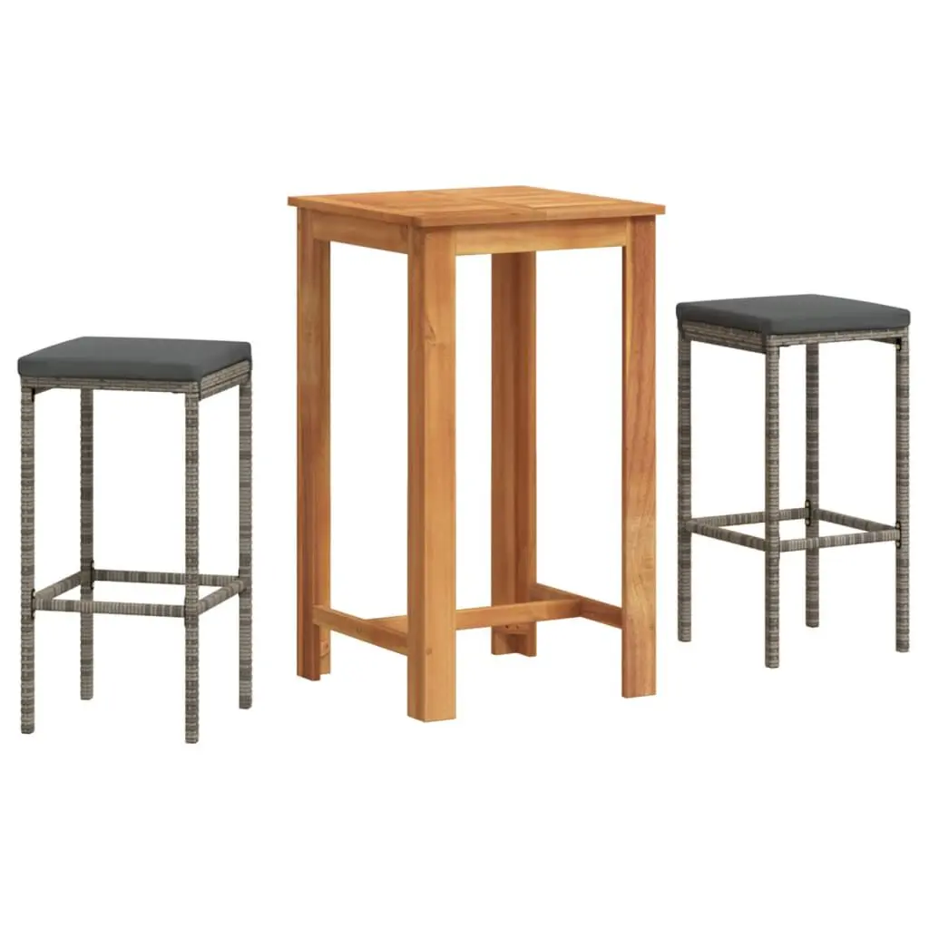 3 Piece Patio Bar Set Gray Solid Wood Acacia and Poly Rattan Outdoor Furniture