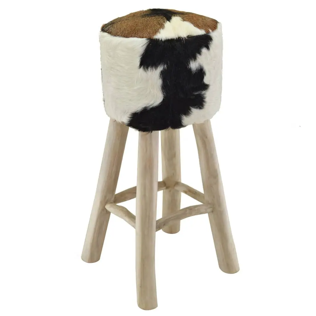 Bar Stool Real Leather and Solid Teak Wood Adjustable Height Counter Stool