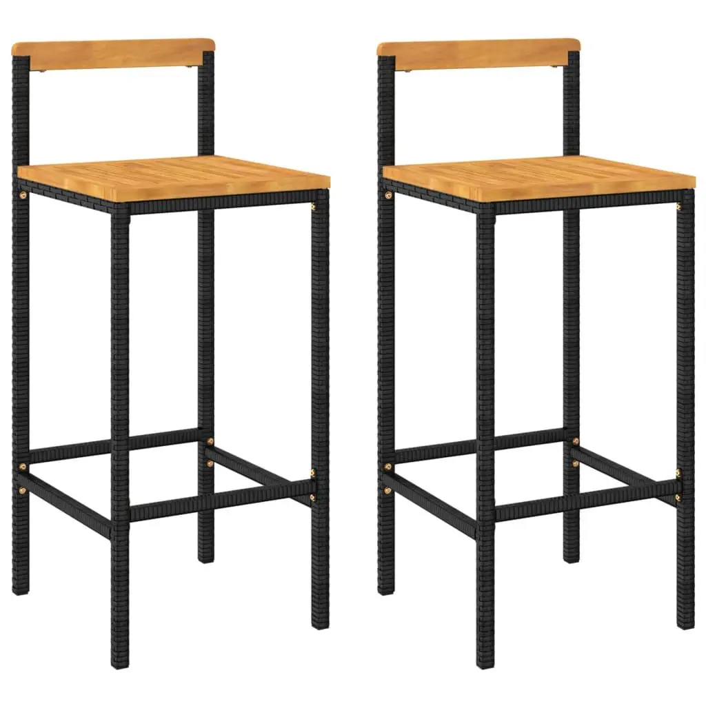 Bar Stools 2 pcs Black Poly Rattan and Solid Wood Acacia Counter Height Stools