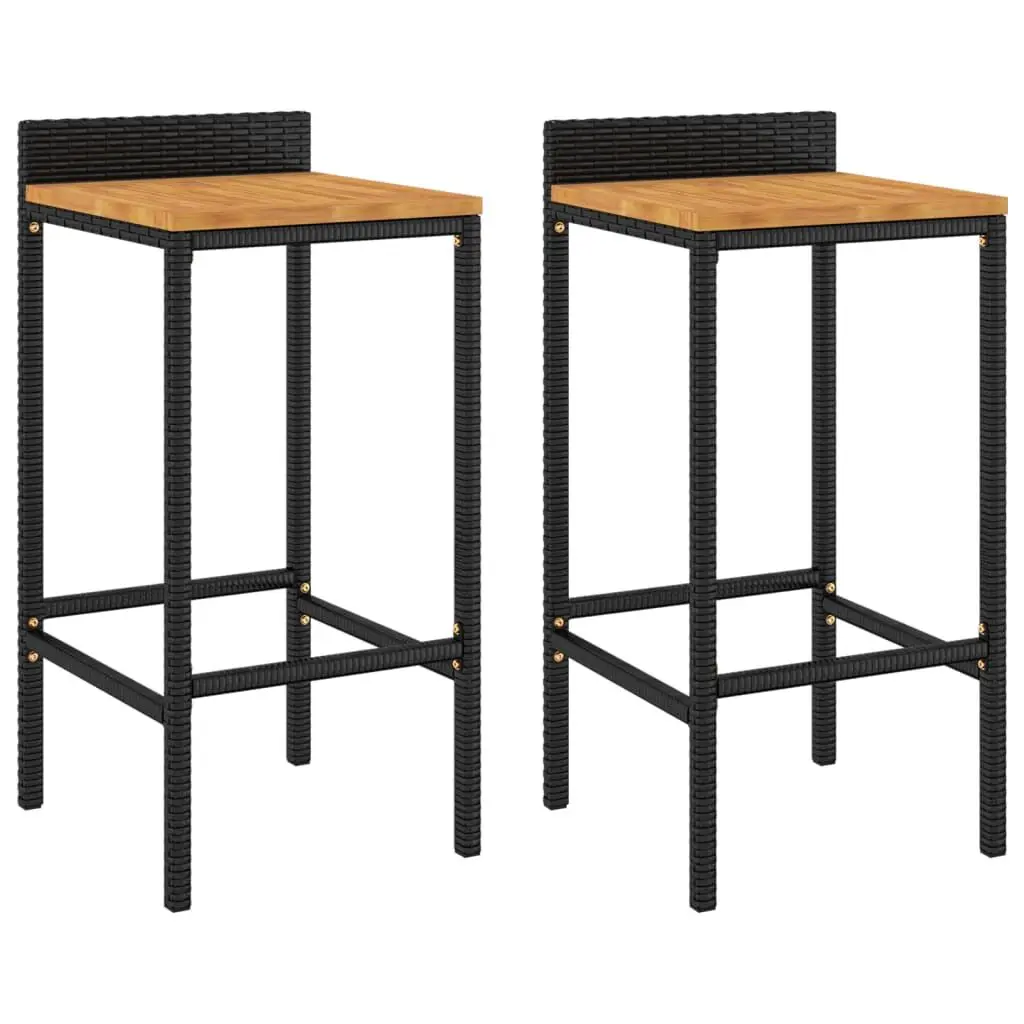 Bar Stools 2 pcs Black Poly Rattan and Solid Wood Acacia Modern Bar Chairs