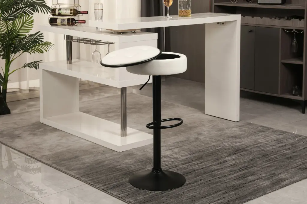 Round Storage Bar Stool Set 2 White Faux Leather Height Customizable dex furniture