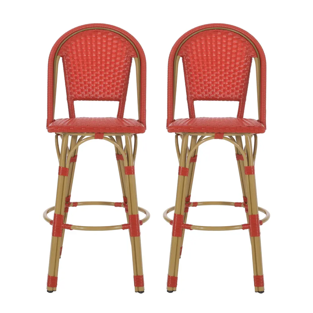29.5 Inch Outdoor PE Rattan and Light Metal French Barstools Set 2 Red nh-bc furniturings