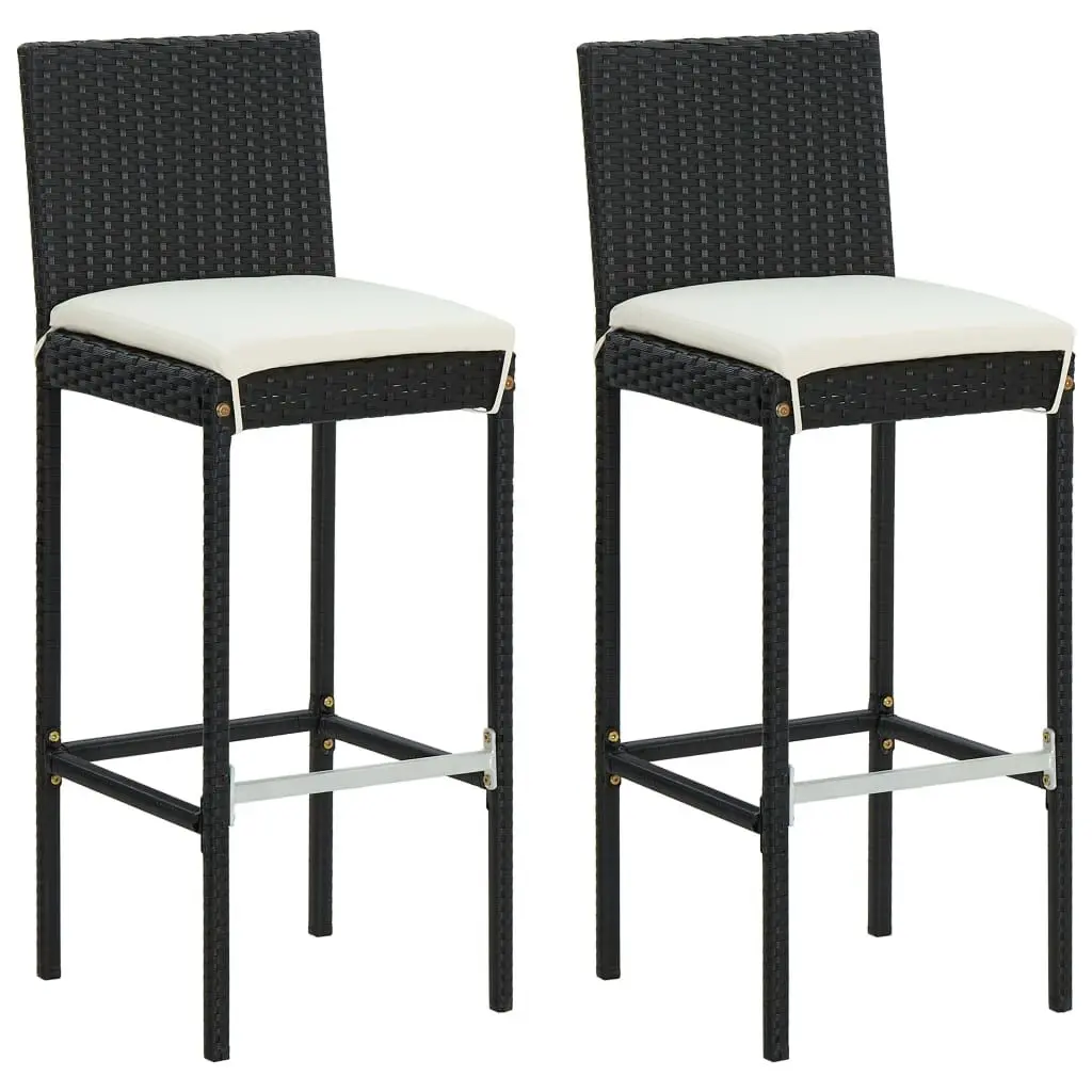 2 Piece Garden Bar Stools Black Cushions Poly Rattan Outdoor Seating