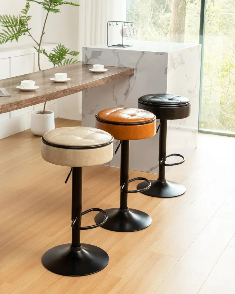 Round Storage Bar Stool Set 2 Brown Faux Hide Height Customizable Stools rnb