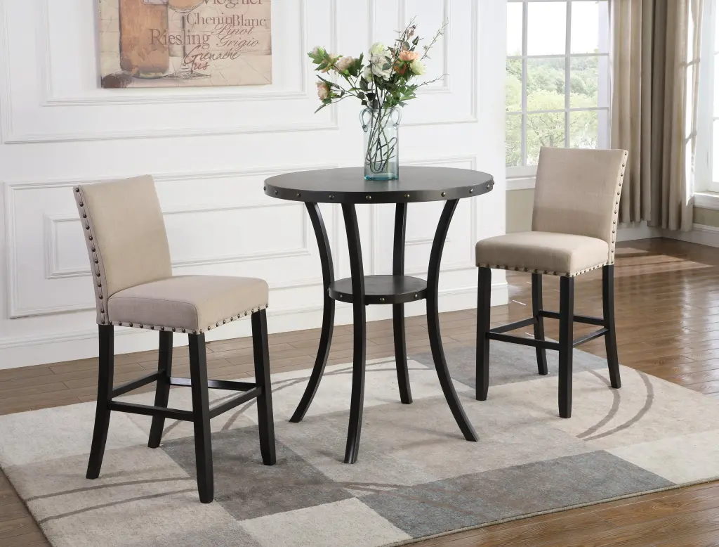 Biony 3 Piece 36 Inch Round Espresso Finish Bar Table 2 Tan Stools hz