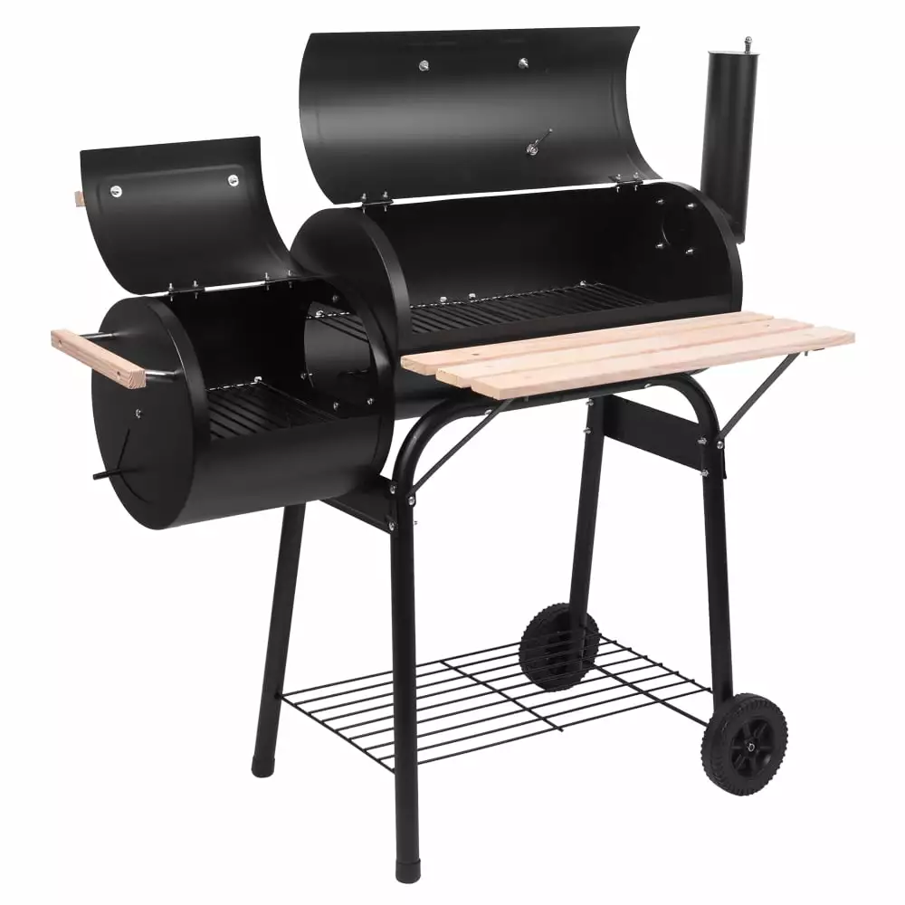 Charcoal Grill Offset Smoker BBQ Barrel Grill and Smoker Combo Side Table Outdoor Backyard Cooking Patio Parties