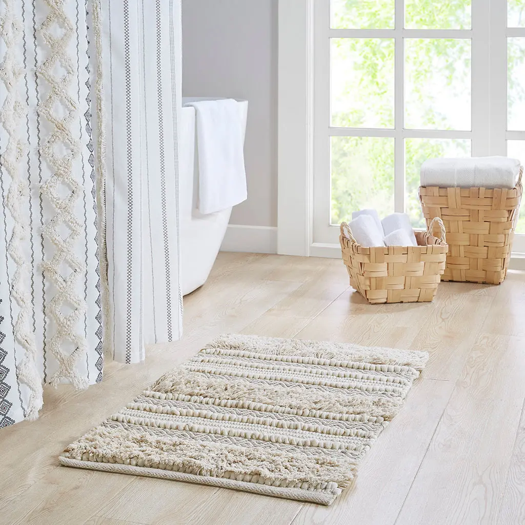 Woven Texture Stripe Bath Rug Natural Polyester Bathroom Mat jla