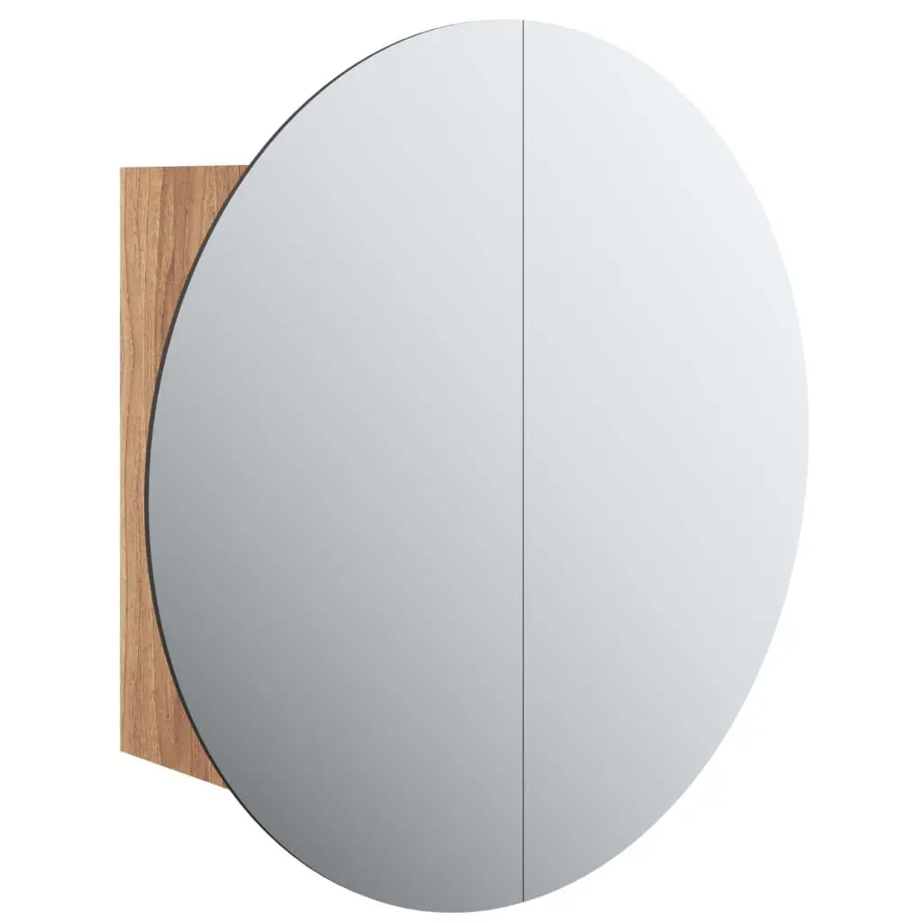 Bathroom Cabinet Round Mirror and LED Oak 15.7x15.7x6.9 Inches Wall Mounted Storage