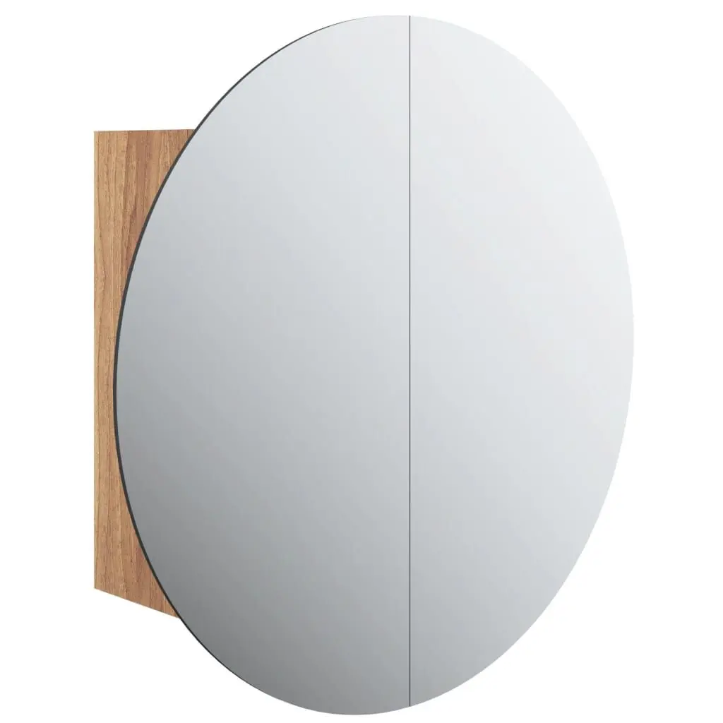 Bathroom Cabinet Round Mirror and LED Oak 18.5x18.5x6.9 Inches Modern Vanity Storage