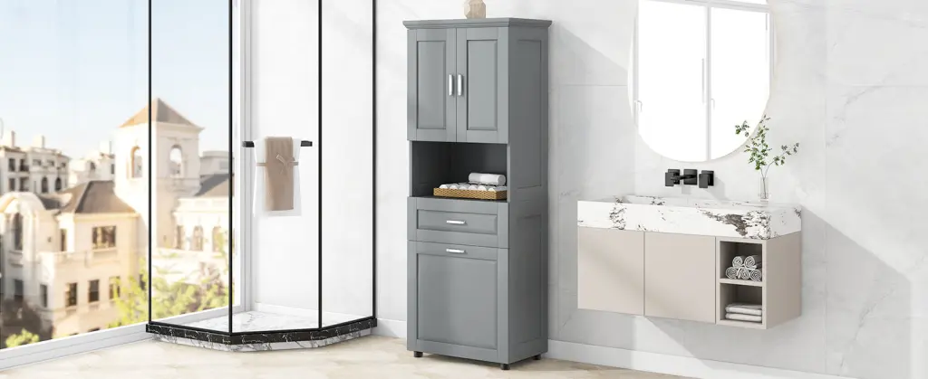 Tall Bathroom Cabinet Laundry Basket - Large Storage Space Tilt Out Design Bathroom Organization by