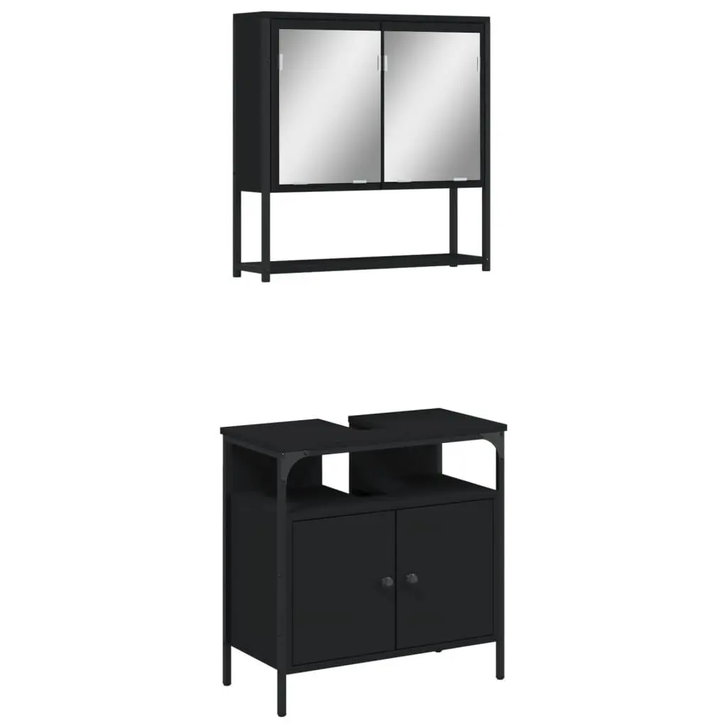 2 Piece Bathroom Furniture Set Black Engineered Wood Storage