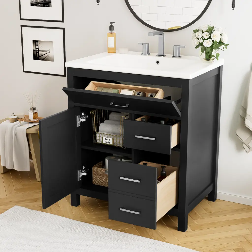30 Inch Black Bathroom Vanity Porcelain Sink and Large Storage rnb