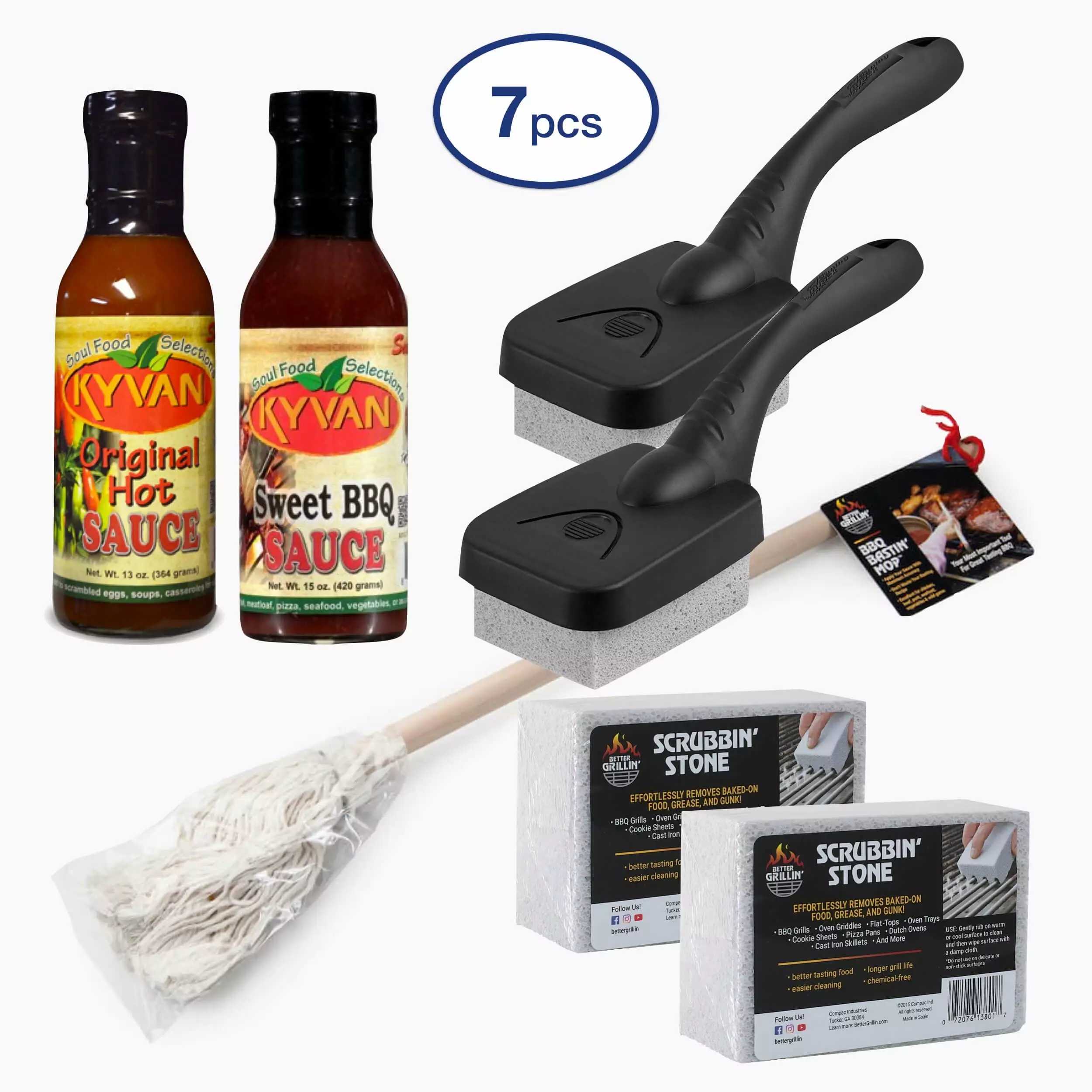 Better Grillin Gift Bundle 7-Piece Combo Set Scrubbing Stones Handles Mop and Sauces 2x2pk