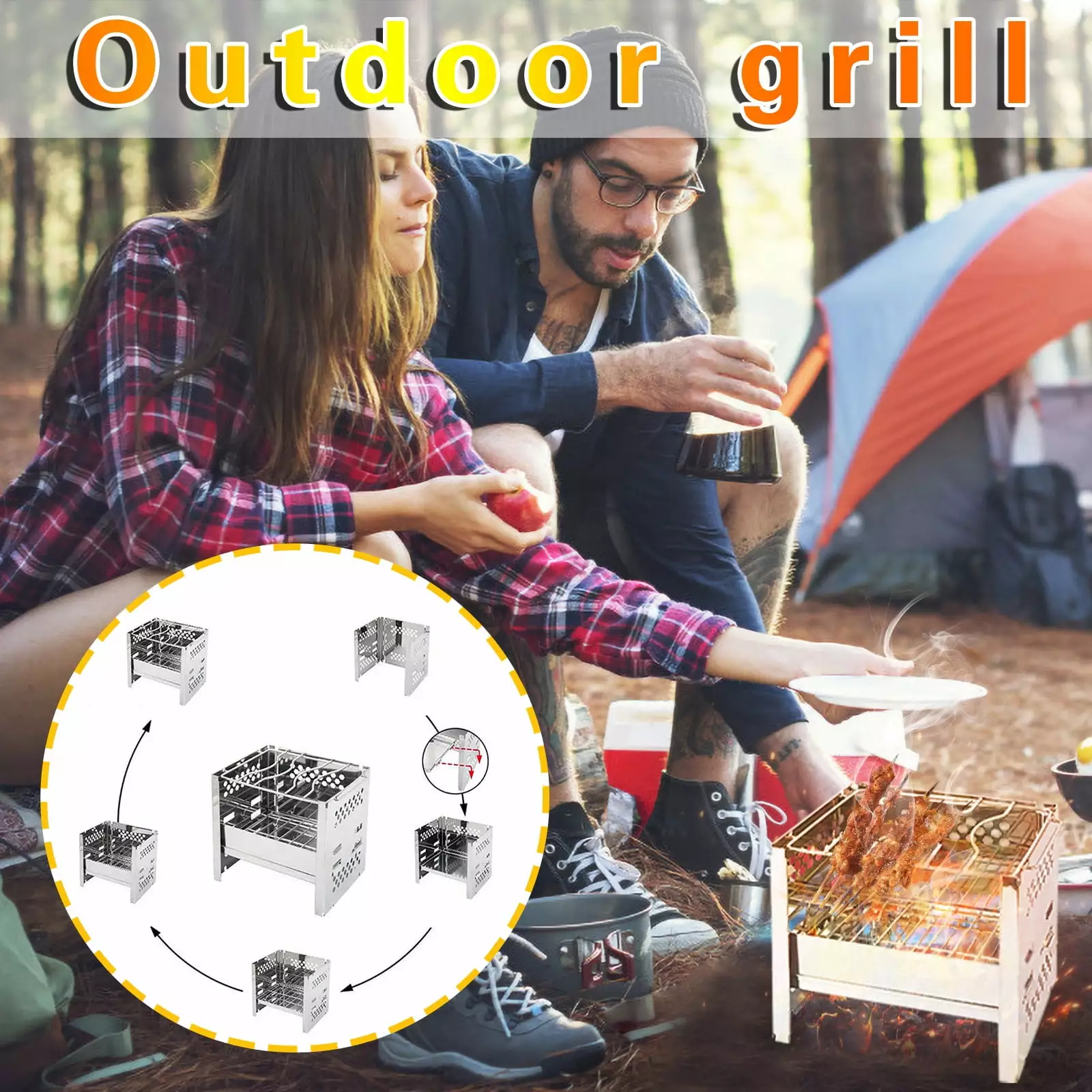 WZHXIN Hiking Gear Stainless Steel Multifunctional Folding Barbecue Grill Travel Camping