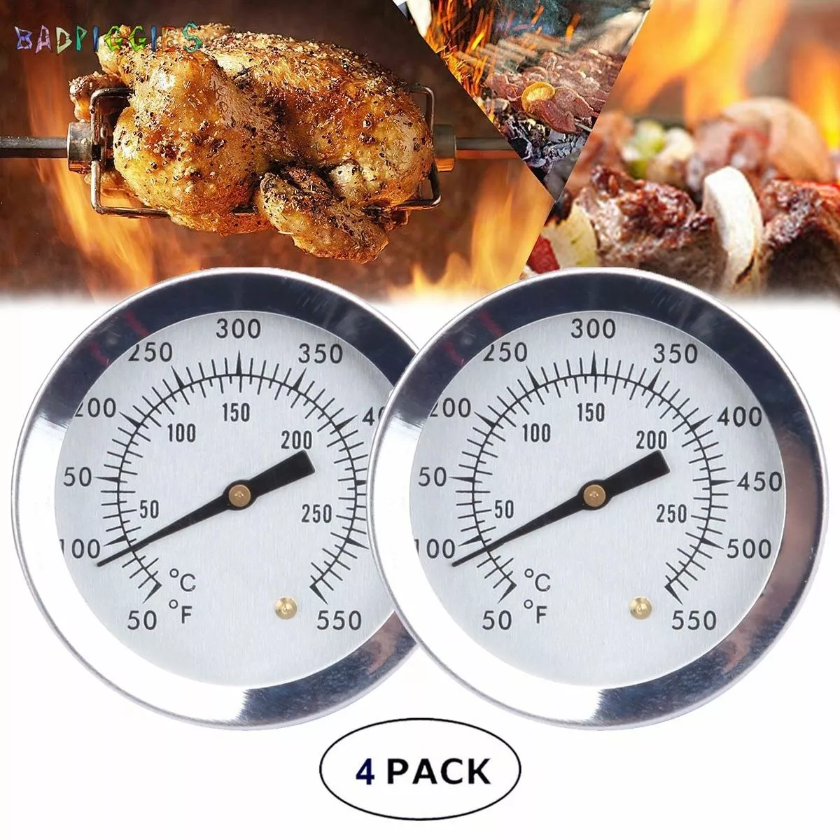 BadPiggies 4PCS Big Dial Grill Barbecue Thermometer Stainless Steel Cooking Smoker Temperature Gauge