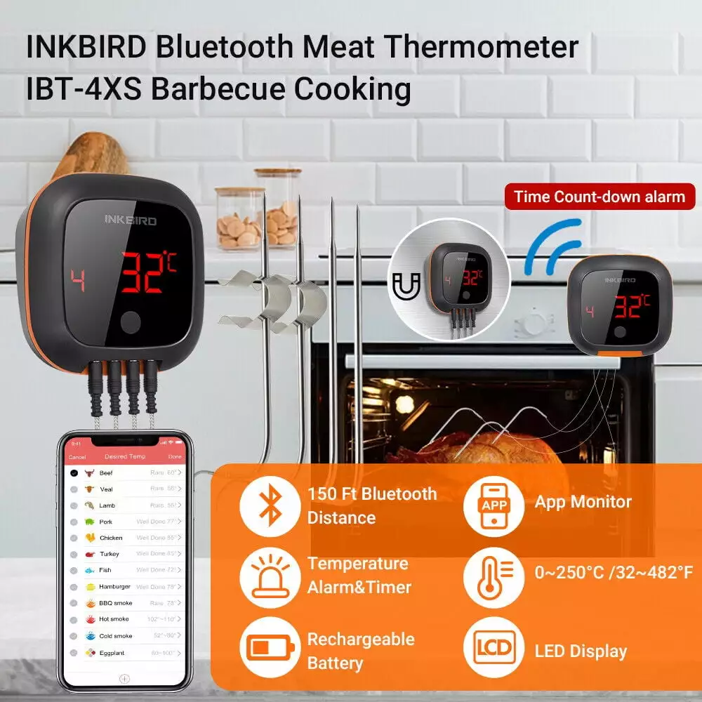 Inkbird IBT-4XS Bluetooth Grill BBQ Meat Thermometer 4 Probes and Timer