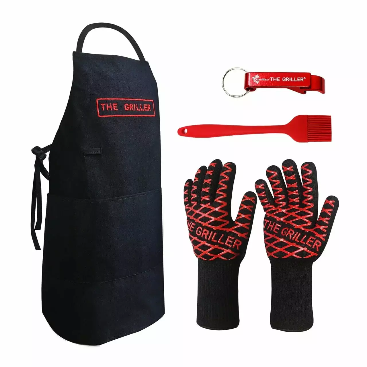 EvridWear Griller BBQ Apron Gloves Basting Brush and Beer Bottle Opener Griller Kit