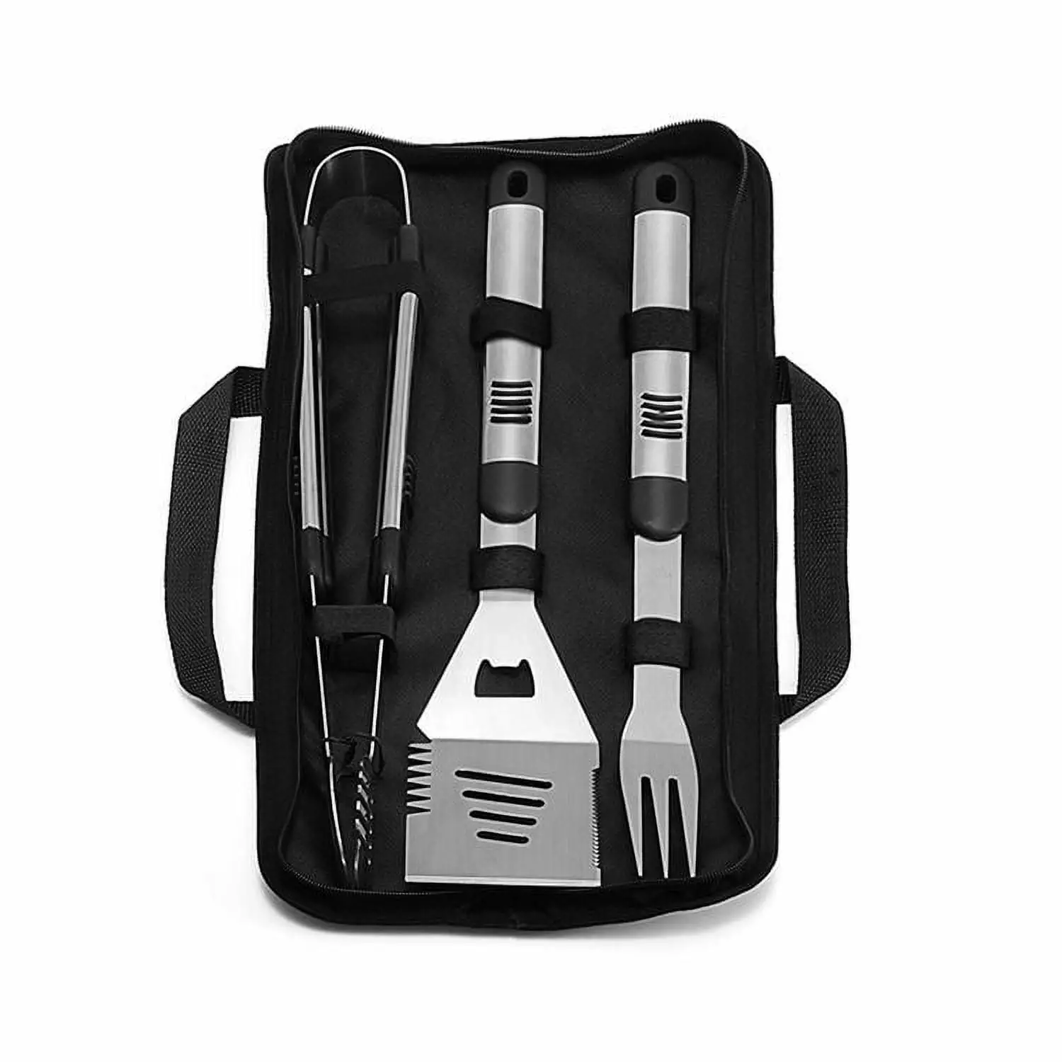 Oroton 3pc BBQ Tools Set Elongated Handles Anti-Scald Design High Standard Bag Includes Tong Spatula Fork Hanging Loop