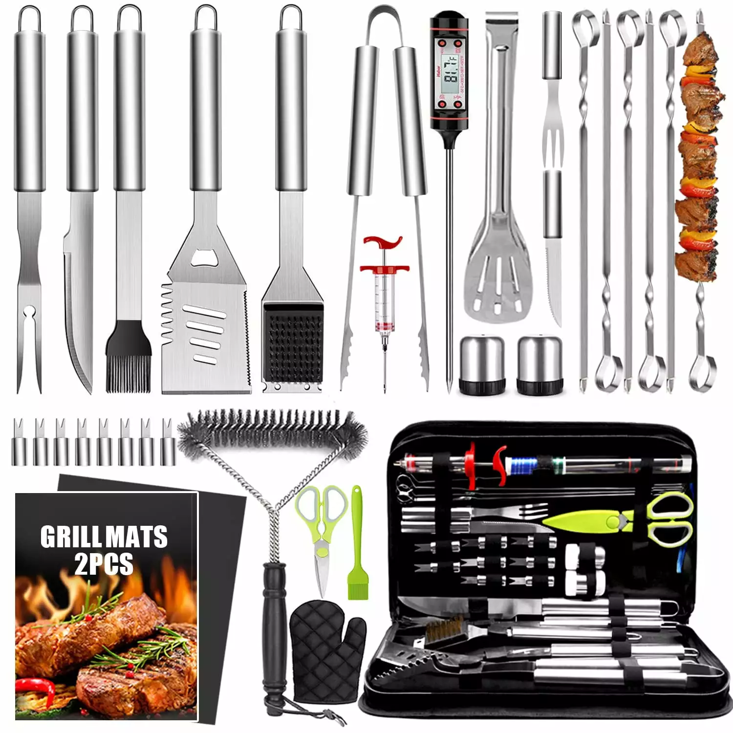 34 Pcs Grill Accessories Grilling Gifts Men 16 Inches Heavy Duty BBQ Tools Stainless Steel Grill Mats Backyard