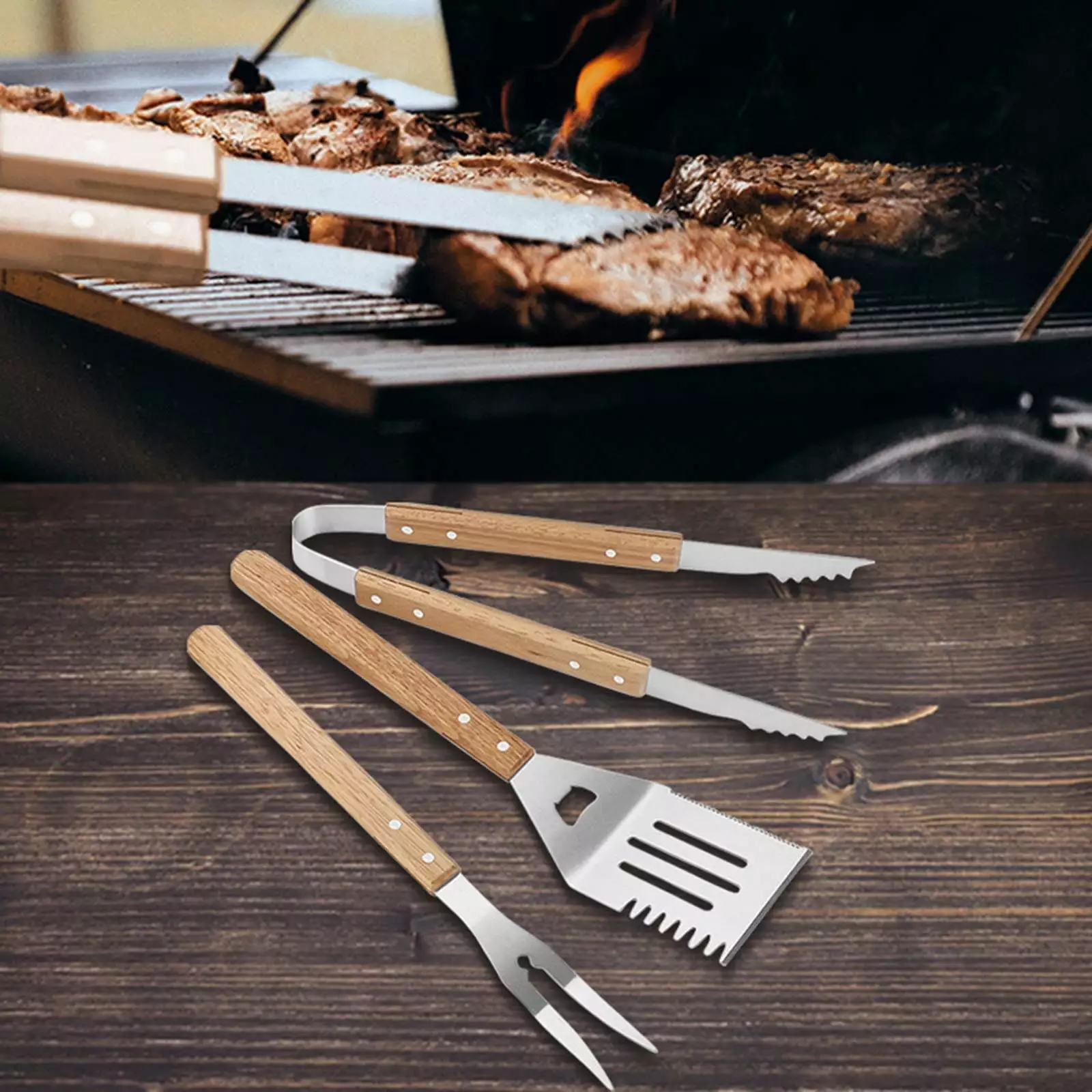 TAKTUK Stainless Steel Three Piece BBQ Set Handle Grill Fork Spatula Clip Outdoor Barbecue Supplies