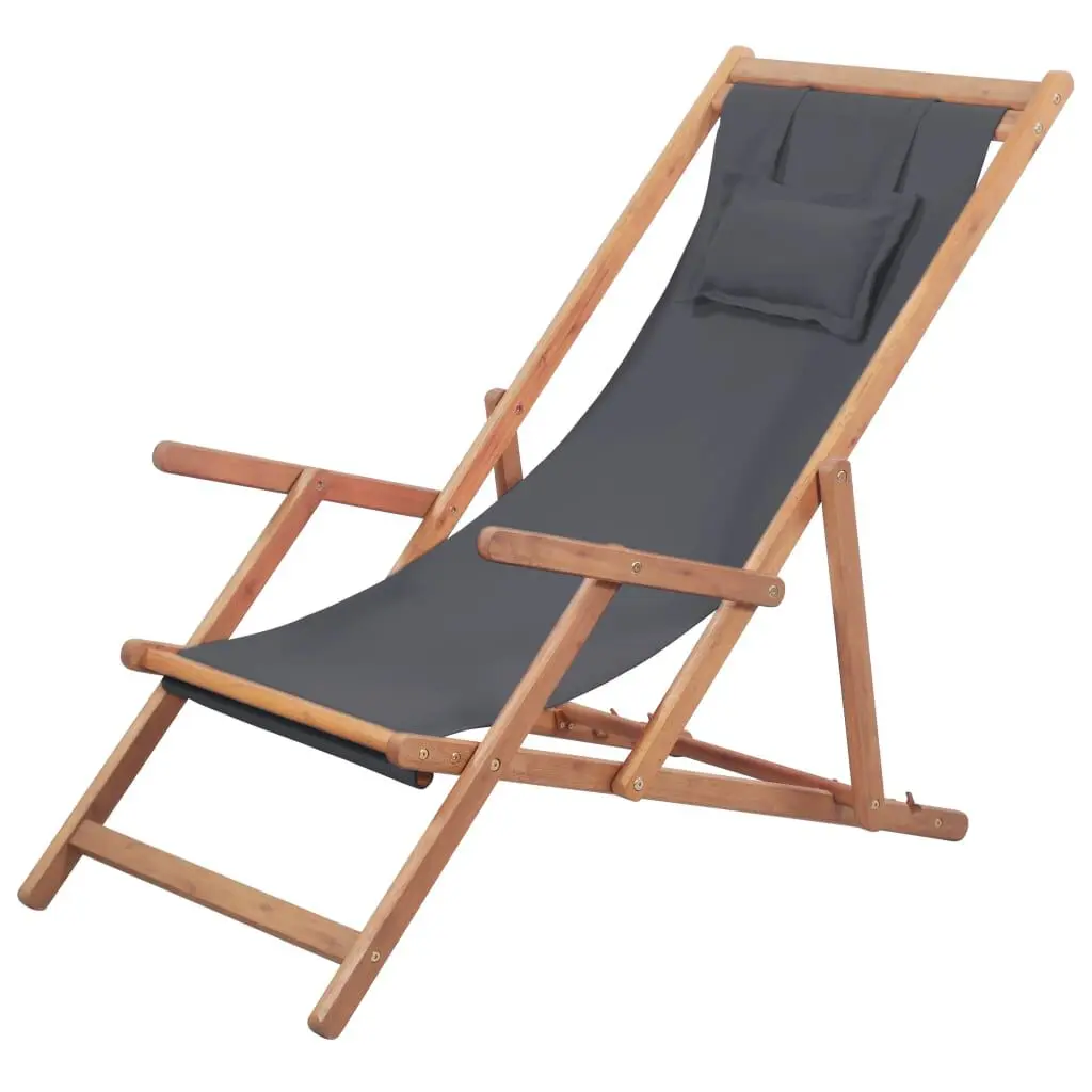 Folding Beach Chair Fabric and Wooden Frame Gray Portable Outdoor Chair