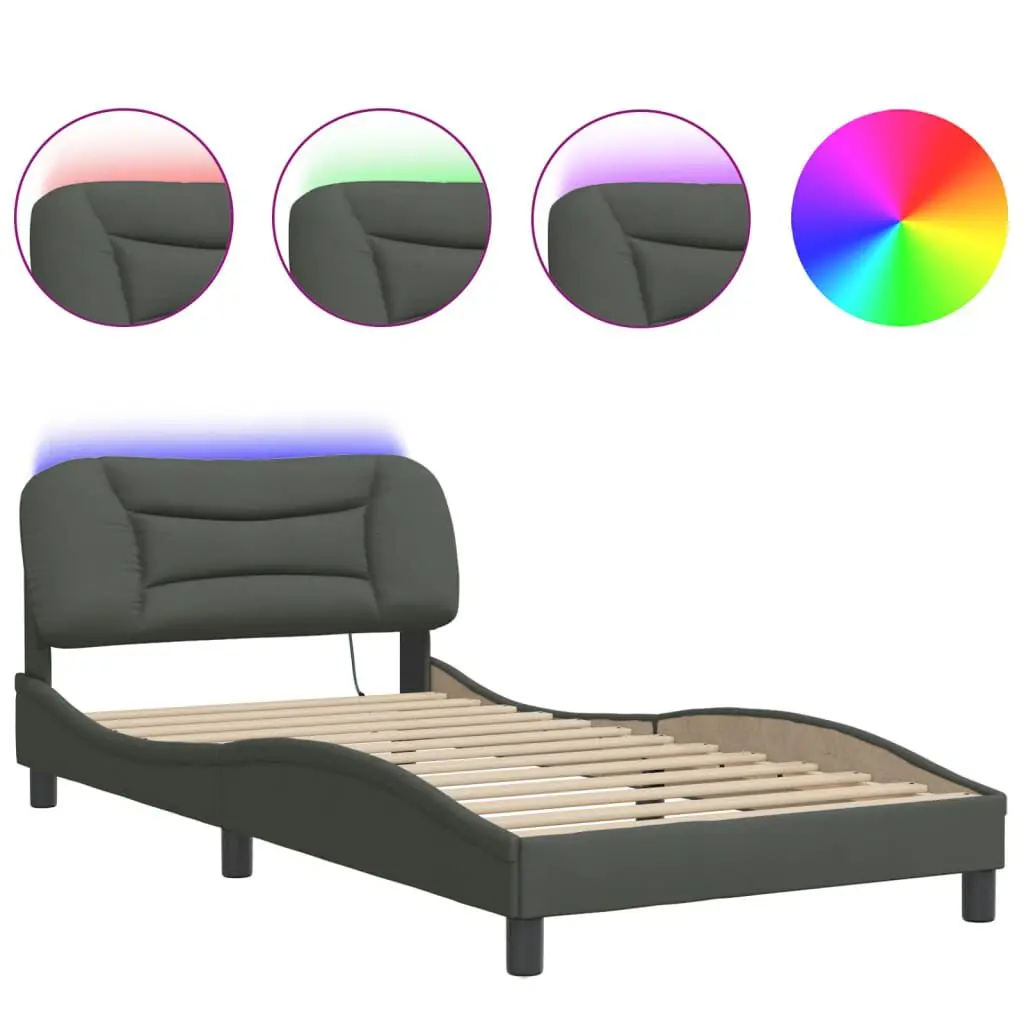 Bed Frame LED Dark Gray 39.4x79.9 Fabric Platform Bed No Mattress