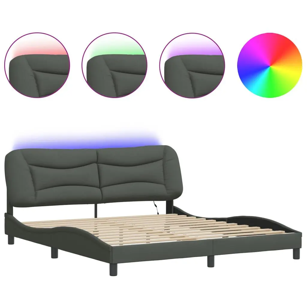 Bed Frame LED Dark Gray 76x79.9 Fabric Platform Bed No Mattress