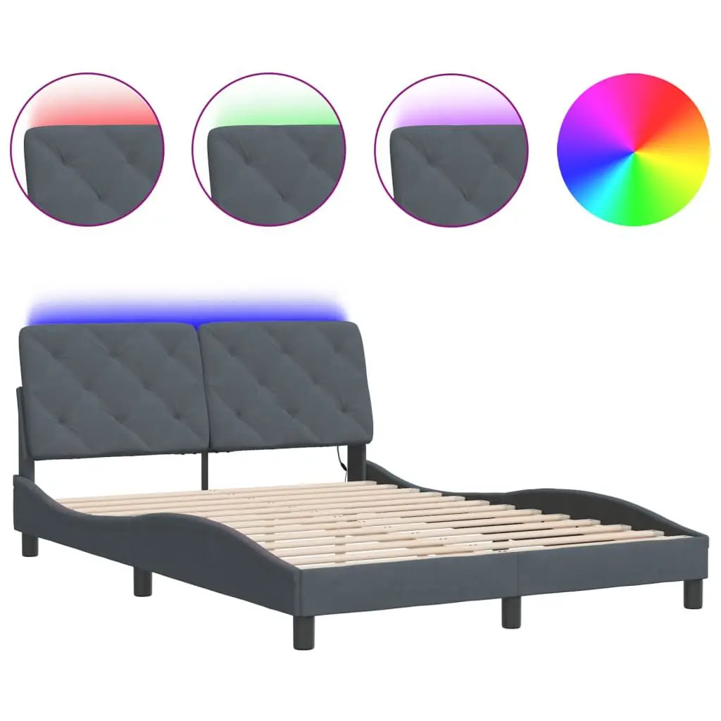 Bed Frame LED without Mattress Dark Gray 53.9x74.8 Inches Velvet Upholstery