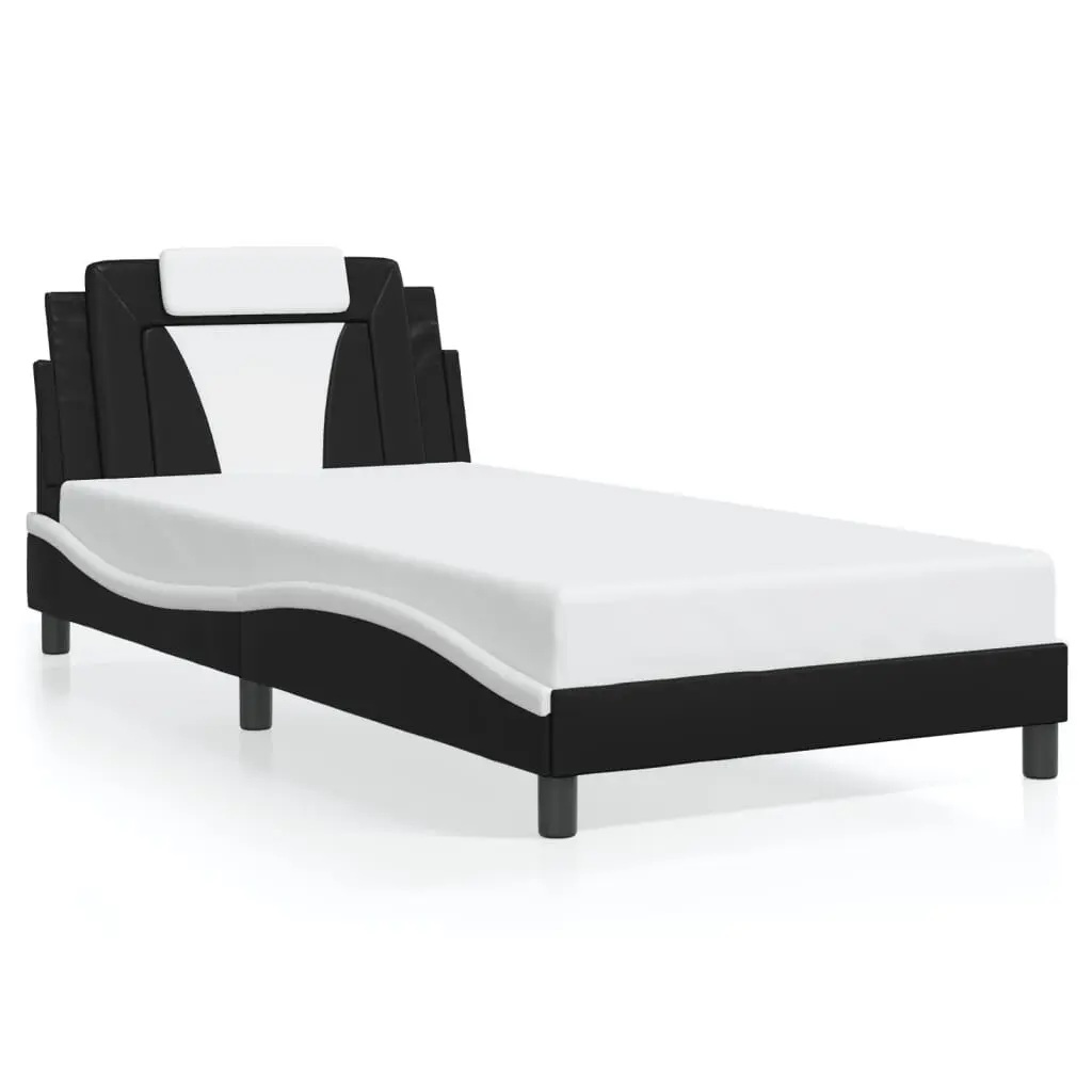 Black and White Faux Leather Bed Frame without Mattress 39.4x79.9 Inches