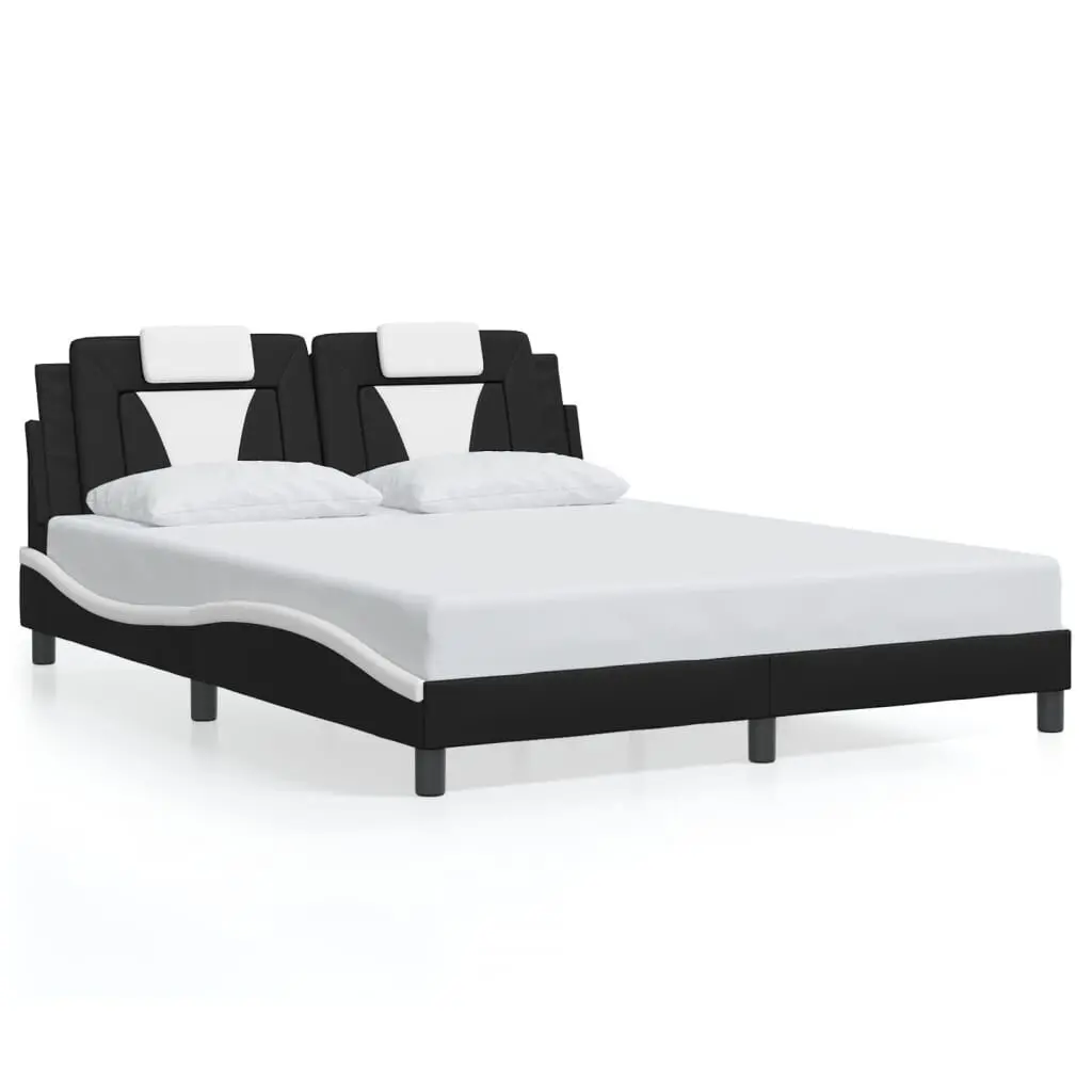 Black and White Faux Leather Bed Frame without Mattress 59.8x79.9 Inches
