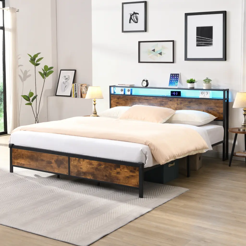 Industrial King Bed Frame LED Lights and 2 USB Ports Modern Bedroom flyx furniture