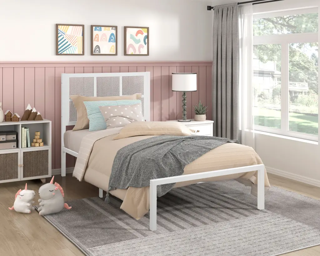 1Pc Twin Platform Bed Metallic Frame White Finish Faux Cane Panel Headboard kanepe